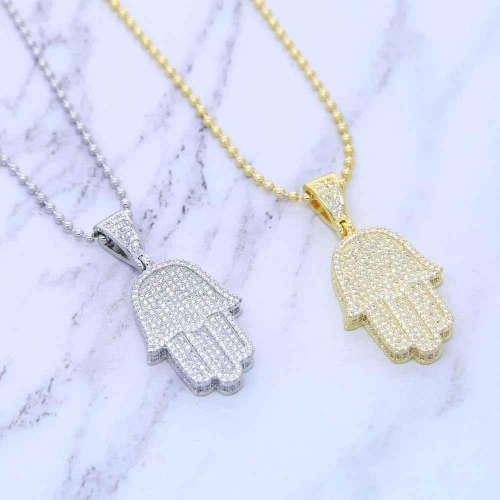 Hamsa Hand Pendant Collection Micro Pave 5a Cz Hip Hop Men Bling Lucky Turkish Jewelry Necklace