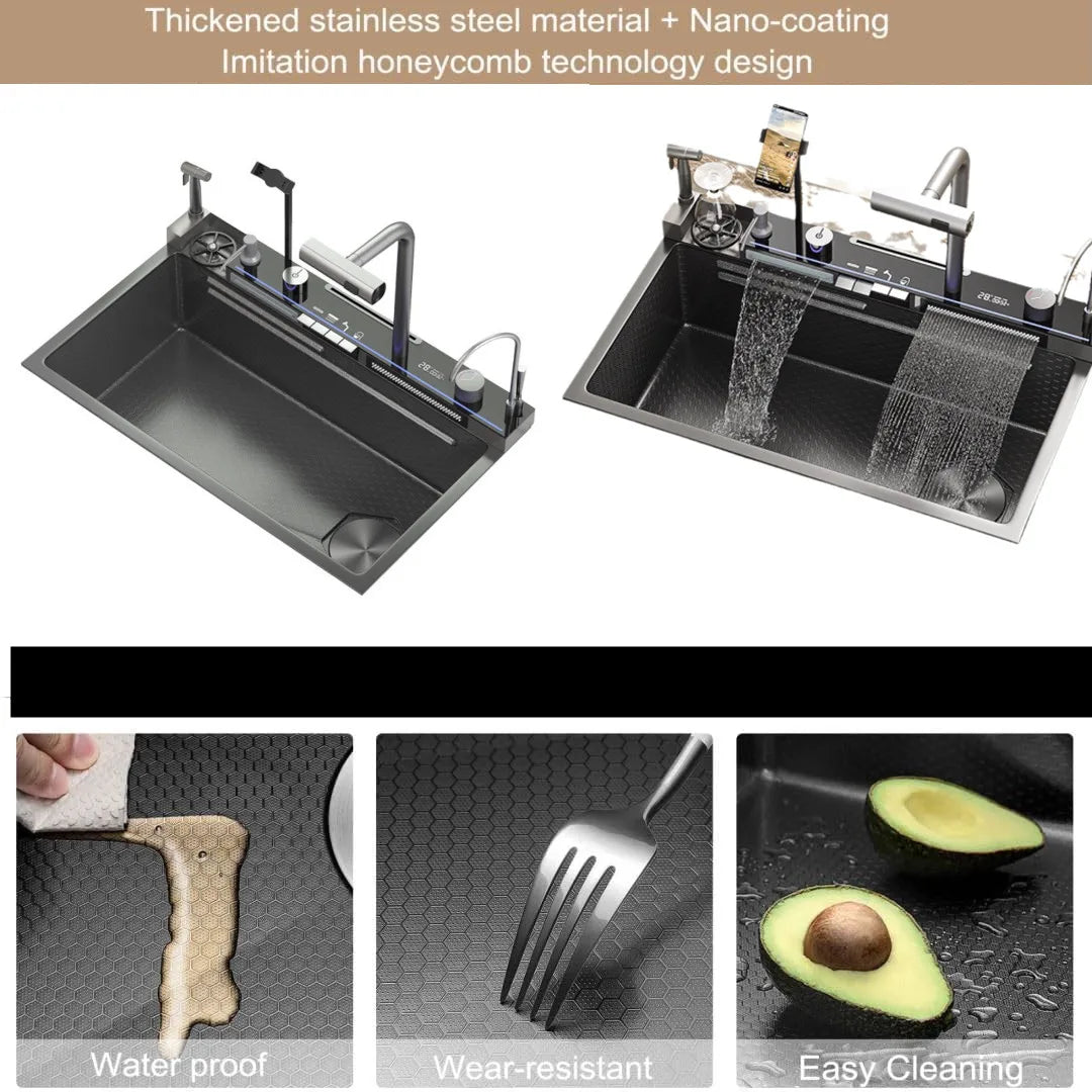 Kitchen Faucet and Sink Set LED Digital Display With Pull-Out Faucet Stainless Steel Kitchen Sinks