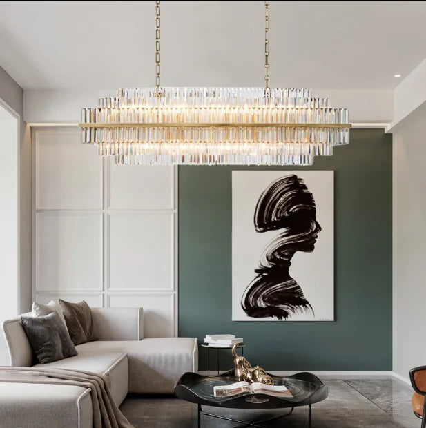 Decorative Round Pendant Hanging Lighting and Lamps Fixture Dining Room Gold K9 Crystal Linear Modern Rectangular Chandelier
