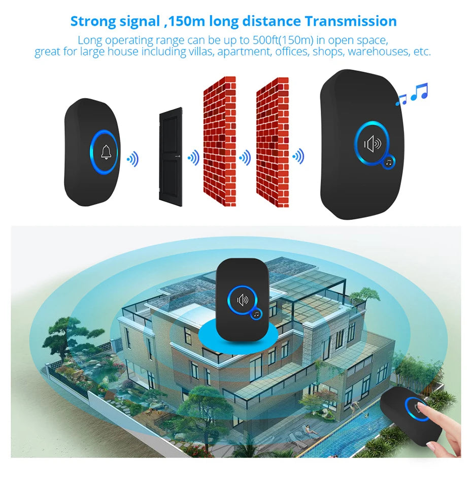 Fuers Wireless Smart Doorbell Home Security Alarm Welcome Doorbell LED Light 32 Songs with Waterproof Button easy Installation