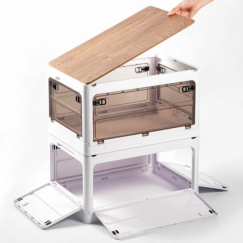 Organizing Storage Moving Foldable Plastic Storage Box Wood Lid Foldable Stackable Storage Box Organizer