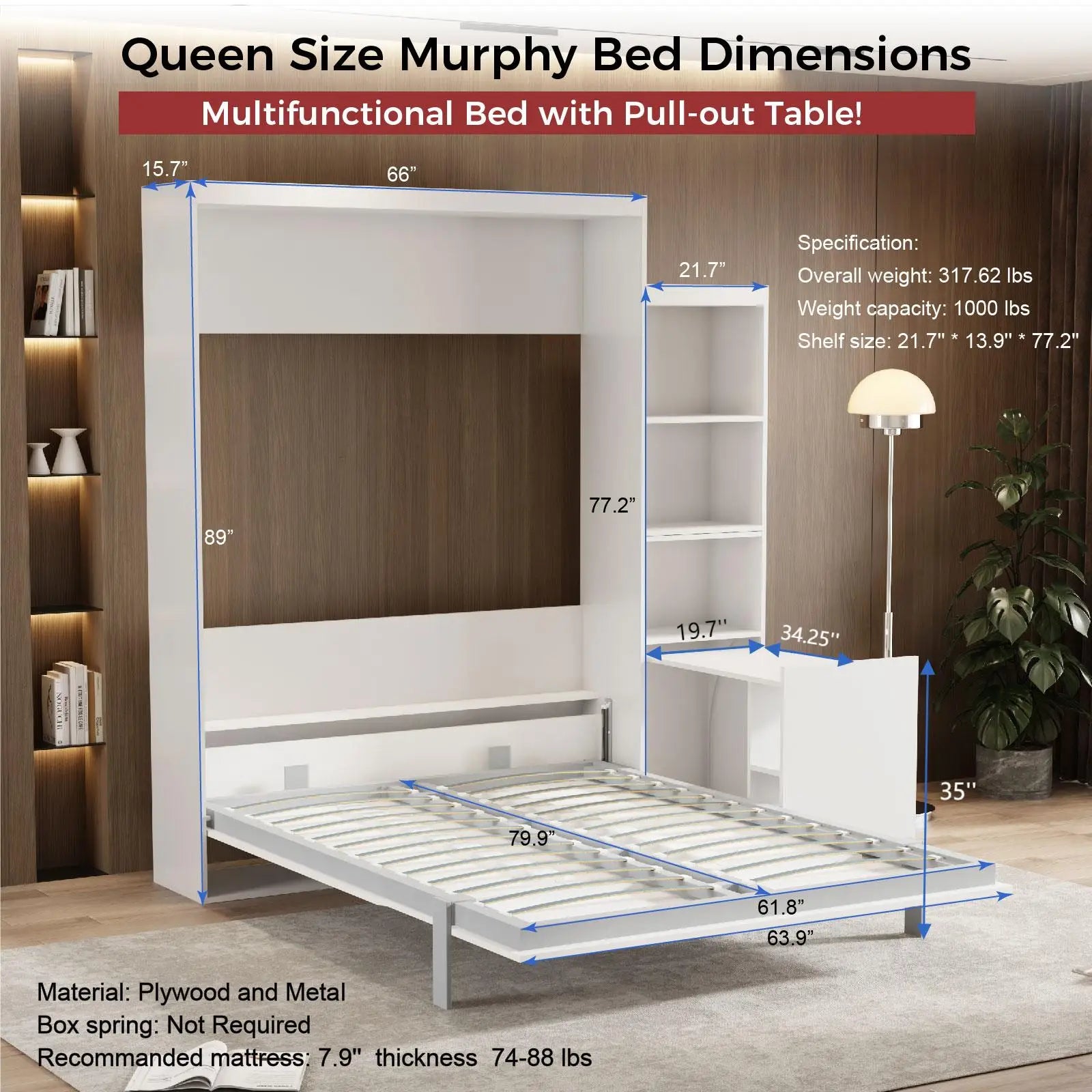 US in Stock Queen Size Modern Design Wood Frame Foldable Shelf Drawers Bedroom Guestroom White Wall Bed Space Saving Hidden Bed