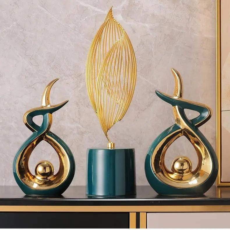 Artisan Ceramic Showpieces Set Creative Ornaments & Glazed Vases for Luxury Bookcase Decor Interior Decoration