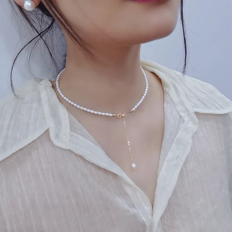 Wholesale 14K Gold-Filled 3A 4-5mm Small White Freshwater Pearl Beaded Necklaces Classic Link Chain Unisex Perfect Gift