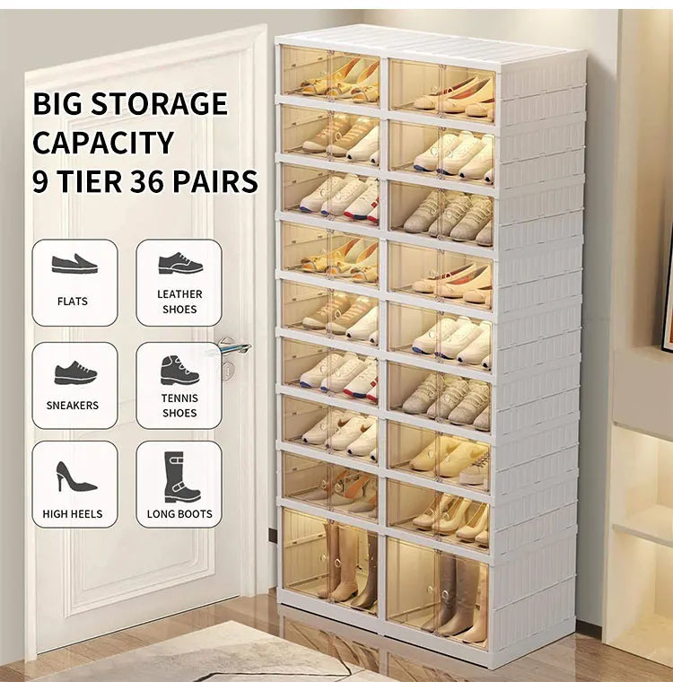 Wholesale Nine Layers Foldable Shoe Rack Installation-Free Plastic Stackable Cabinet Transparent Sneaker Box for Shoe Storage