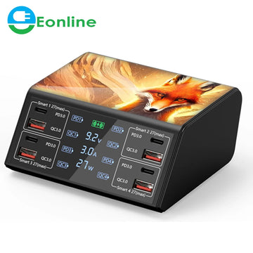 EONLINE 3D Nine Tailed fox 100W QCPD3.0 USB Charger Wireless Chargers Quick Charge 8 Port Fast Charger Charging Station for IPho