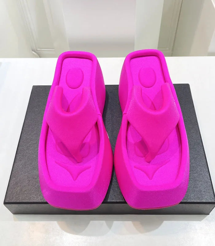 Women Spring Summer Sandals Beach Thick Sole Platform Slippers Slip-on Personalized Square Head High Wedge Flip Flops
