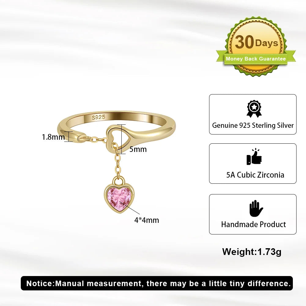 RINNTIN SR332 USA Local Stock Fine Jewelry Tassel Chain Heart Zircon Finger Ring S925 Sterling Silver Adjustable Ring for Women