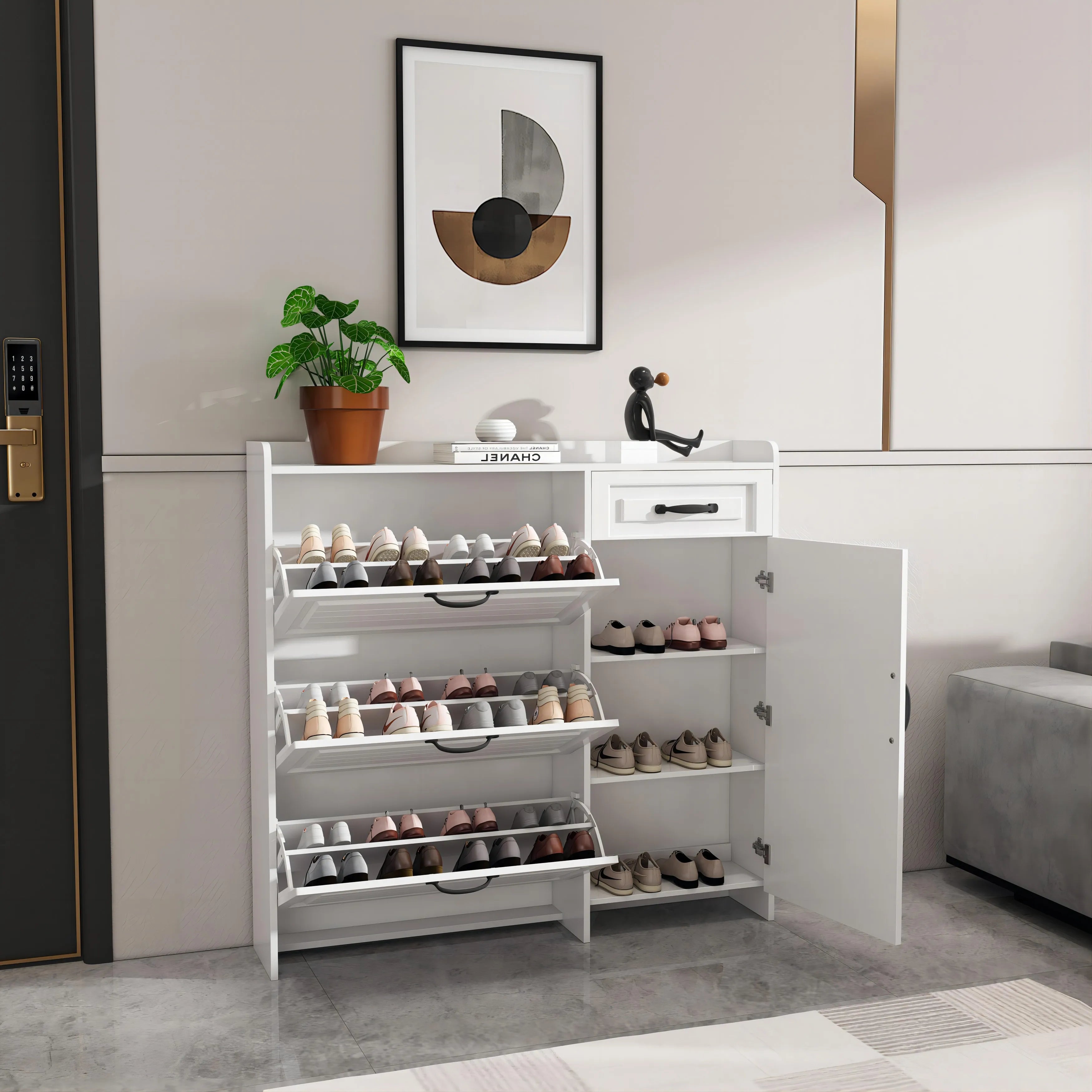 Modern White Wooden Shoe Cabinet with 4 Doors and 1 Drawer Free Shipping Large Storage Space for Living Room Home Furniture