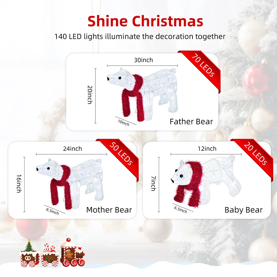 Christmas decorative lights - white glowing polar bear set - indoor and outdoor, for use on lawns and gardens
