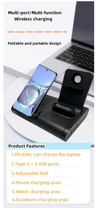 NULIKE Foldable Wireless Charger Stand 15W PD 5V/3A 7-in-1 Multi-Functional Laptop Earphones More Devices Wireless Charger