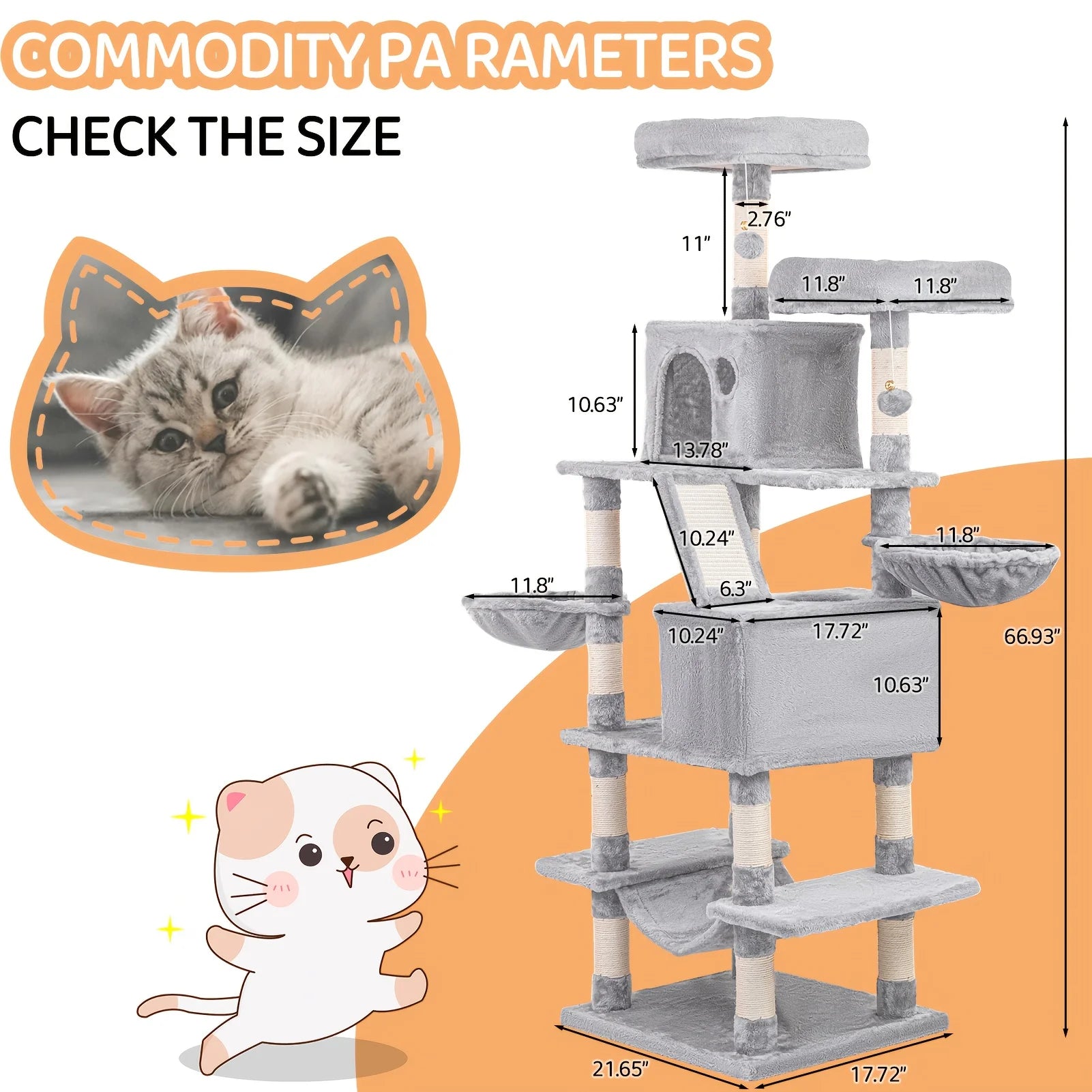 Extra-tall 67-inch Multi-tiered Tree Tower Heavy-duty Structure with Scratching Posts  Integrated cat Bed with Hanging Fur Balls