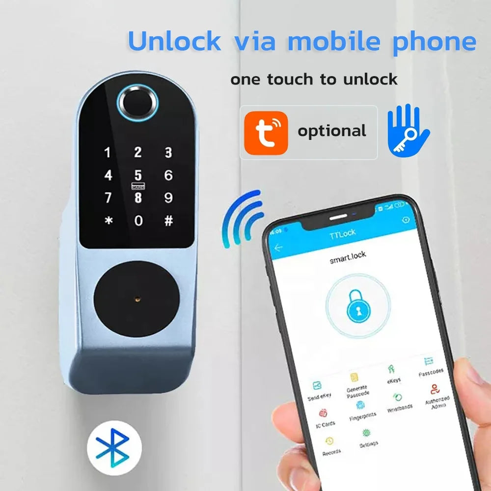 Kadonio Waterproof Keyless Lock Tuya Smart Wifi Password Digital Fingerprint Exterior Rim Door Lock