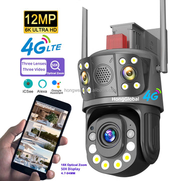 HongGlobal 12MP PTZ 4G Surveil Home Smart Security Camera ICSee Three Lenses 50X Optical Zoom 4G Sim Card CCTV Wireless Camera