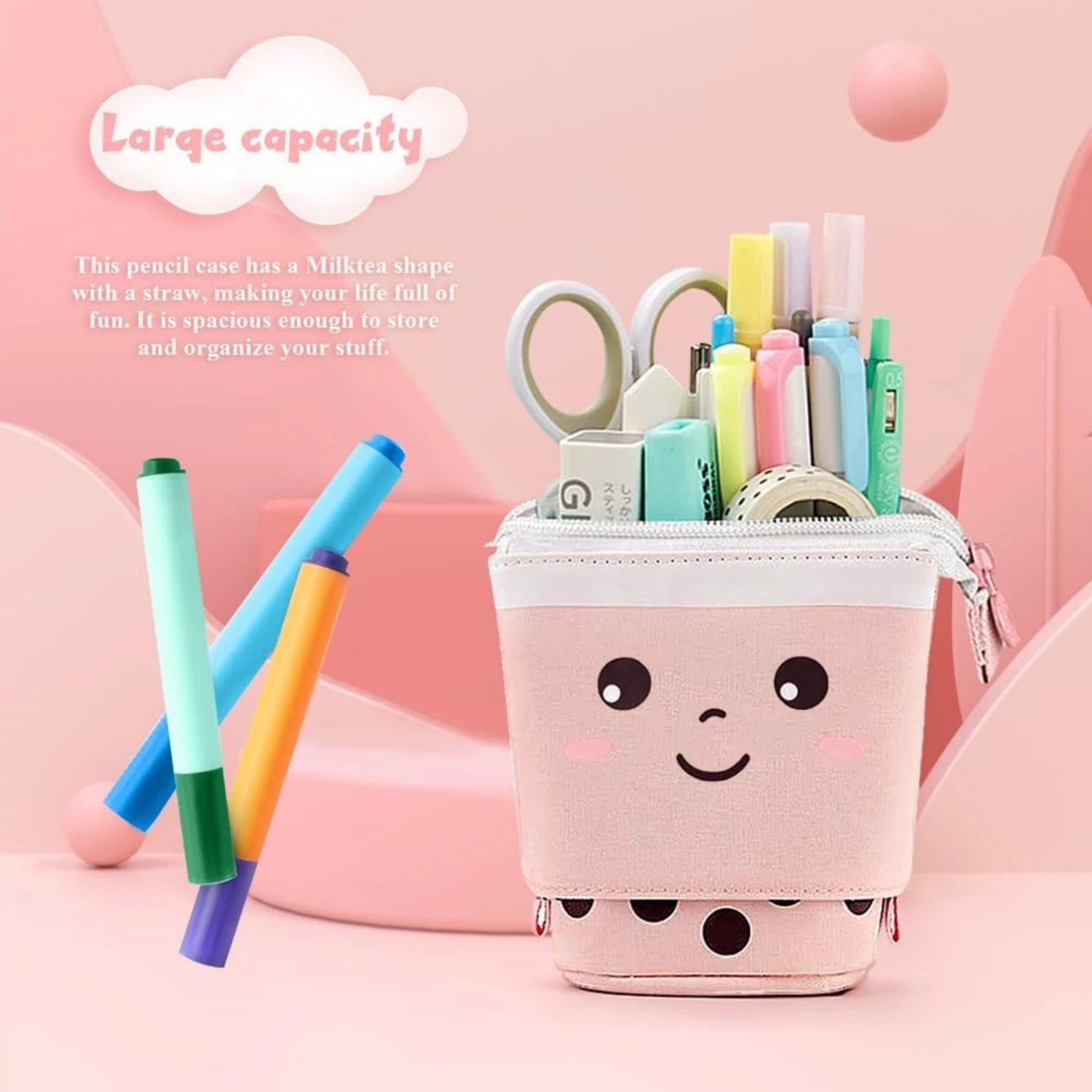 Milk Tea Design Expandable Canvas Pencil Case Portable Multi-Function Storage Organizer for School Desktop Drawer Organizers