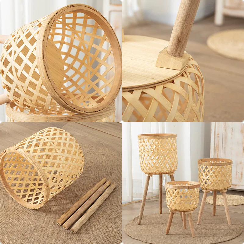 RTS Bamboo Woven Flower Pot Wood Plant Stand Wicker Rattan Plant Basket for Home Decor Balcony Living Room Functional Floor Vase
