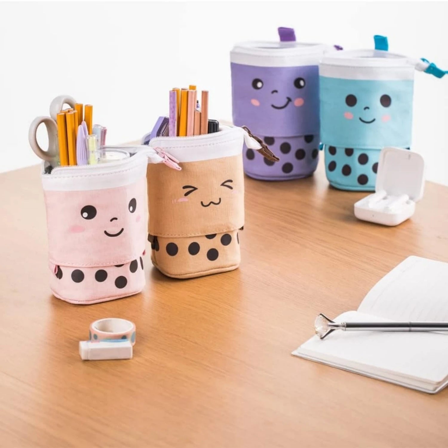 Milk Tea Design Expandable Canvas Pencil Case Portable Multi-Function Storage Organizer for School Desktop Drawer Organizers