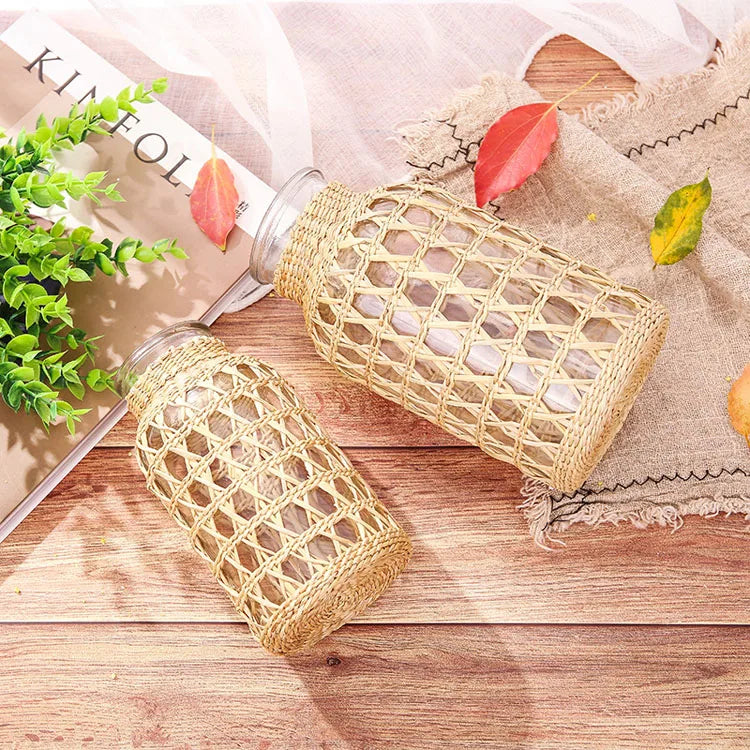 Home Decoration American Style Rustic Clear Woven Linen Woven Vase Glass for Garden Lass Rattan Vase