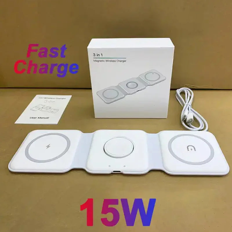 Hot Selling 3 in 1 Foldable Magnetic Wireless Charging Station for Mobile Phone Fast Charging Desktop Charger Stand