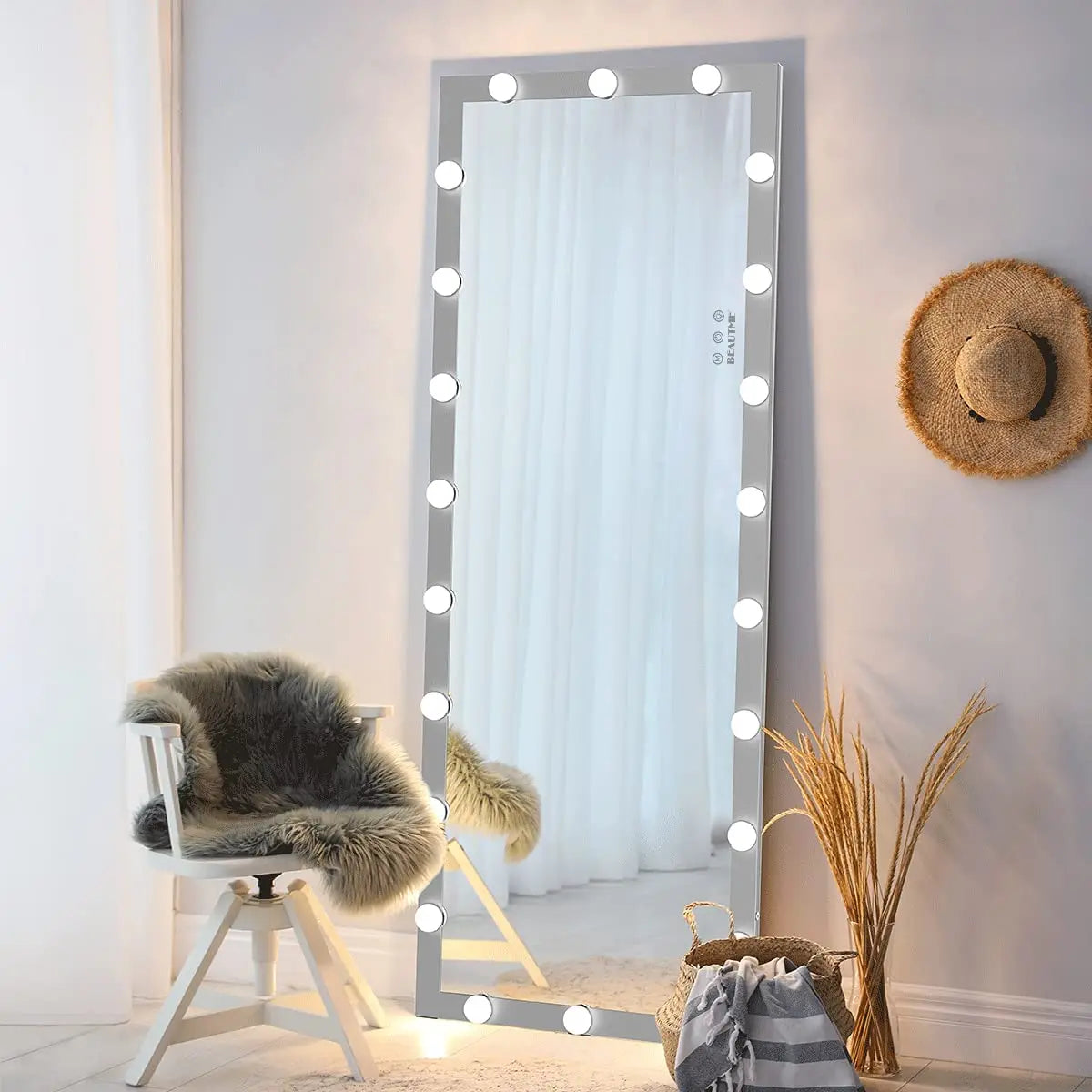 US Stocks Free Dressing Standing LED Large Oversized Wall Mounted Body Floor Mirror Full Length with Light Bulbs for Bedroom