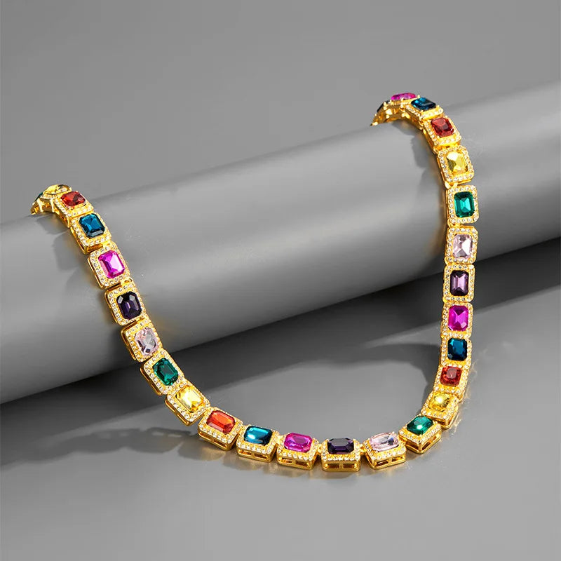 2025 Ladies Hip Hop Silver/gold Zircon Box Rainbow Color Cz Diamond Tennis Cuban Link Chain Choker Necklaces and Bracelets 10mm