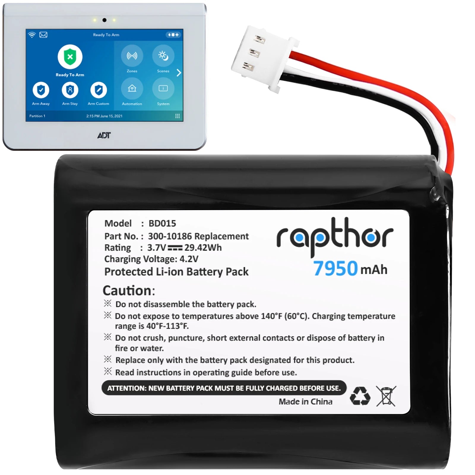 Rapthor 7950mAh Replacement Battery 300-10186 for ADT Command Smart Security Panel 3.6V / 3.7V / 4.2V 29.42Wh