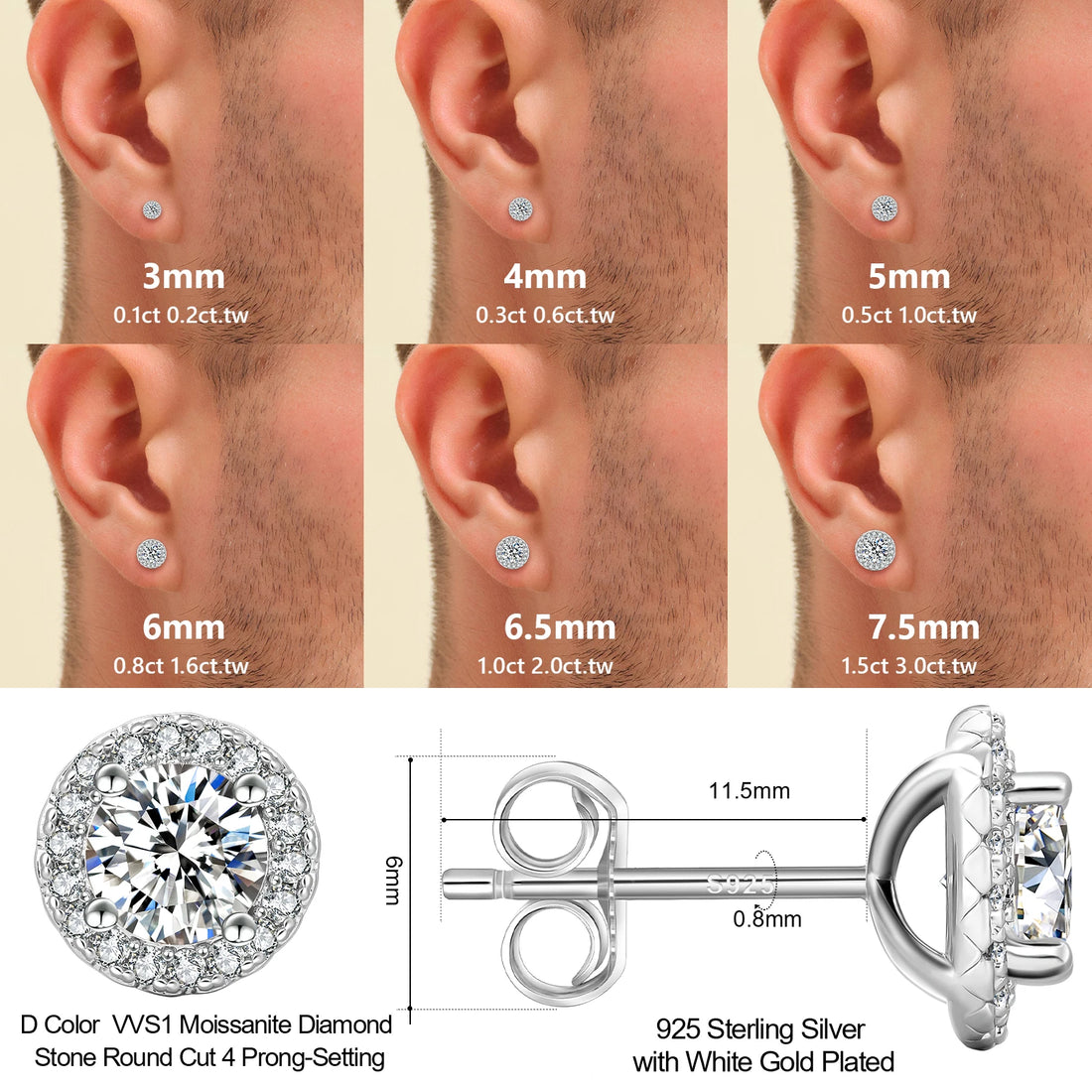 USA 3ct VVS Moissanite Earring Men Women Hip Hop Fine Jewelry Pass Diamond Tester 925 Sterling Silver Iced Out Diamond Earring