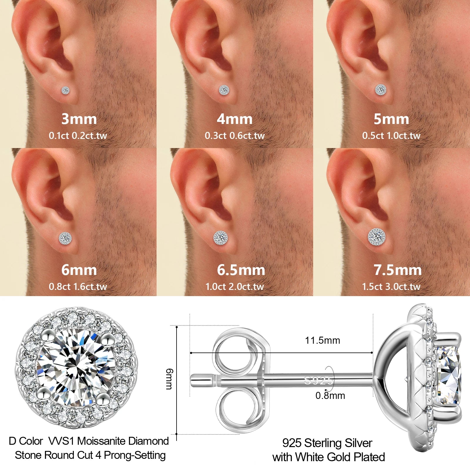 USA 3ct VVS Moissanite Earring Men Women Hip Hop Fine Jewelry Pass Diamond Tester 925 Sterling Silver Iced Out Diamond Earring