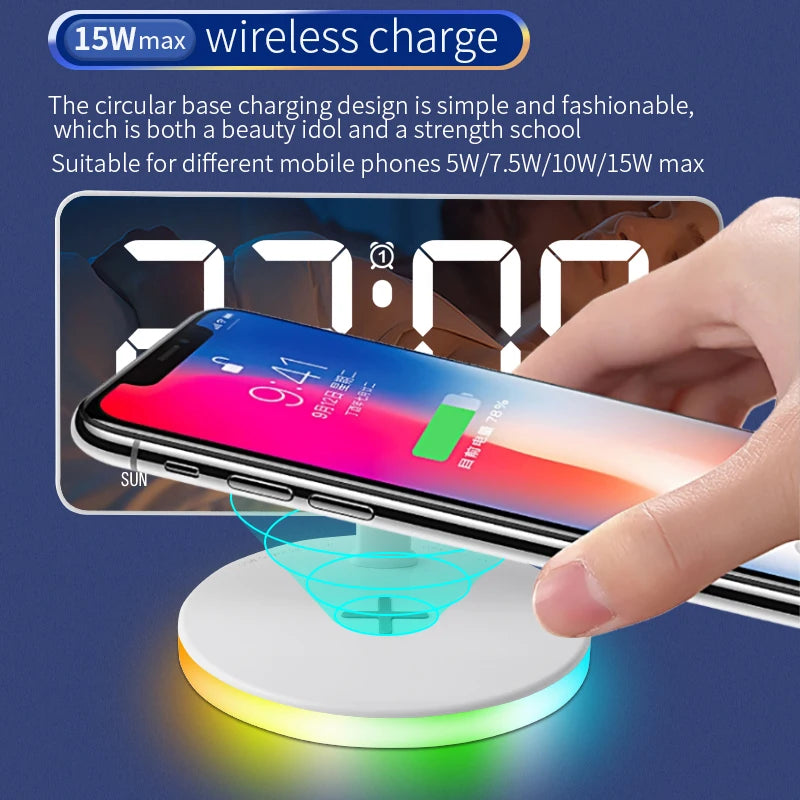 2 Groups of Alarms Display Week on the Screen Digital Led Alarm Clock Night Light Magnetic Wireless Charger