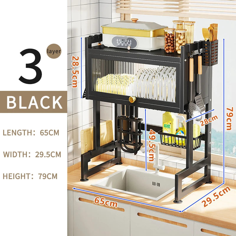 Over Sink Dish Drainer Drying Rack Removable 3 Tier Large Cutlery Shelf  with Dustproof Cover Kitchen Storage Counter Organizers