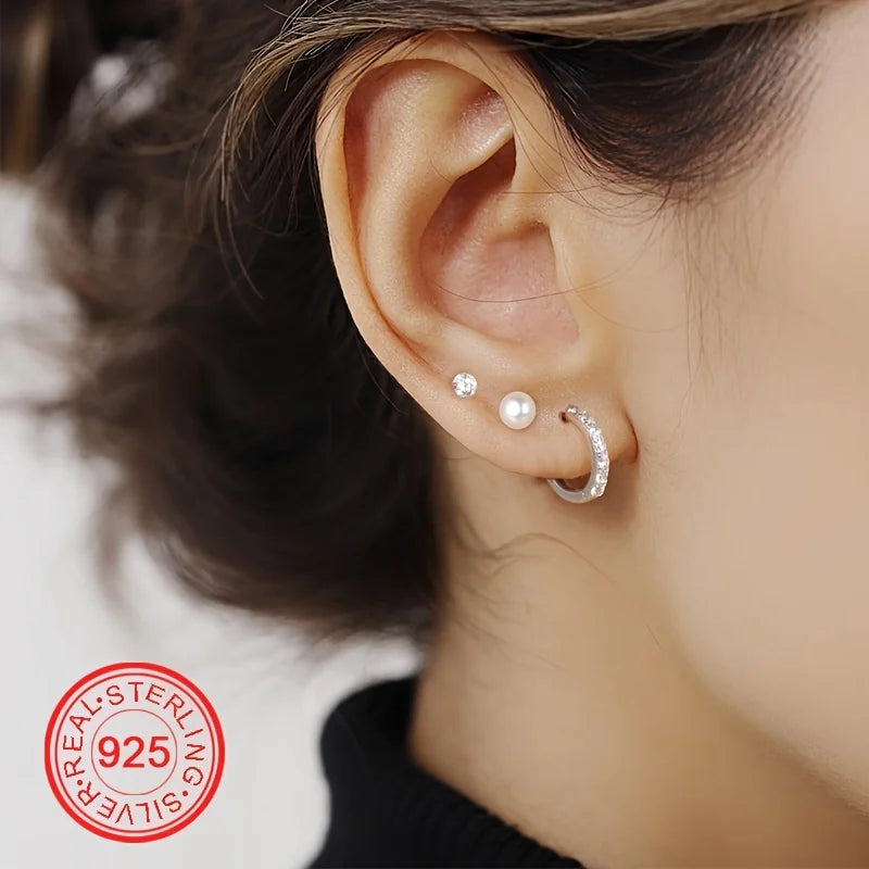 3Pairs Fine Jewelry Earings Set for Women 925 Sterling Silver CZ Freshwater Pearl Earrings Cartilage Studs Hoop Earring