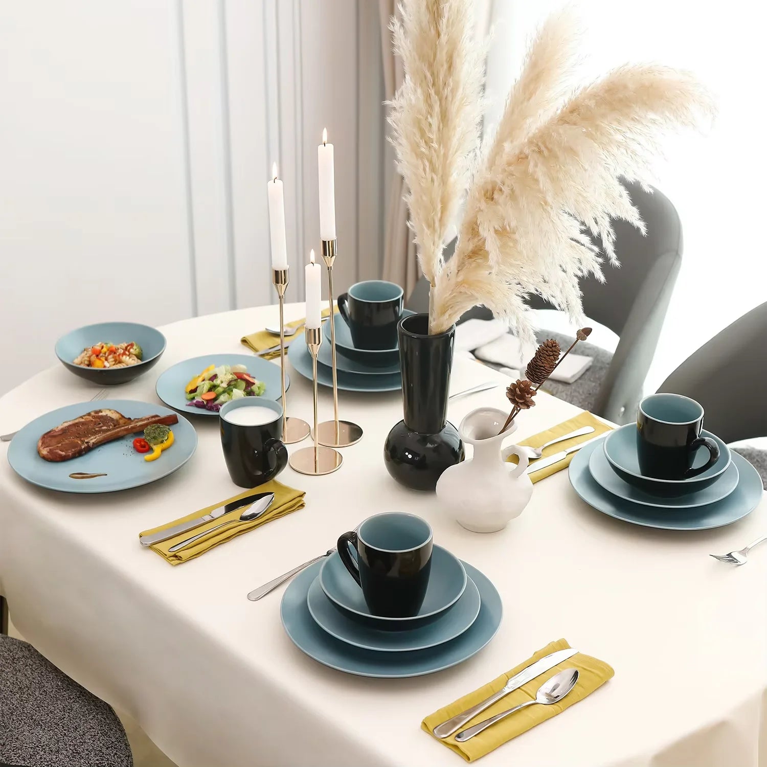Semtember Promotion Kitchen Plates Bowls Set Clean Easy Ceramic Dinnerware Set Microwave Safe Stoneware Dinnerware Set