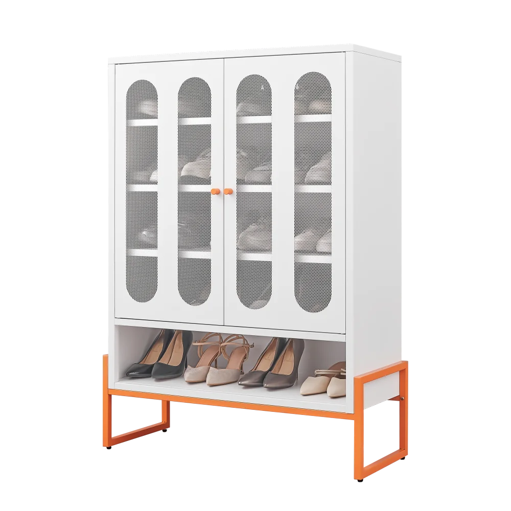 Modern Minimalist Double Door Shoe Cabinet with Adjustable Mesh Doors and High Foot Hollow Storage Cabinet Bottom