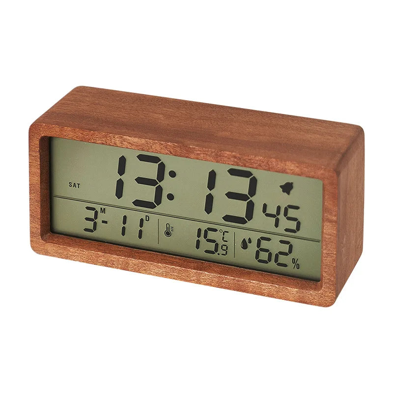 Huayang's New Solid Wood Clock With Simple Temperature And Humidity 1906 Night Light Bedside , Large Screen LCD Wooden Alar