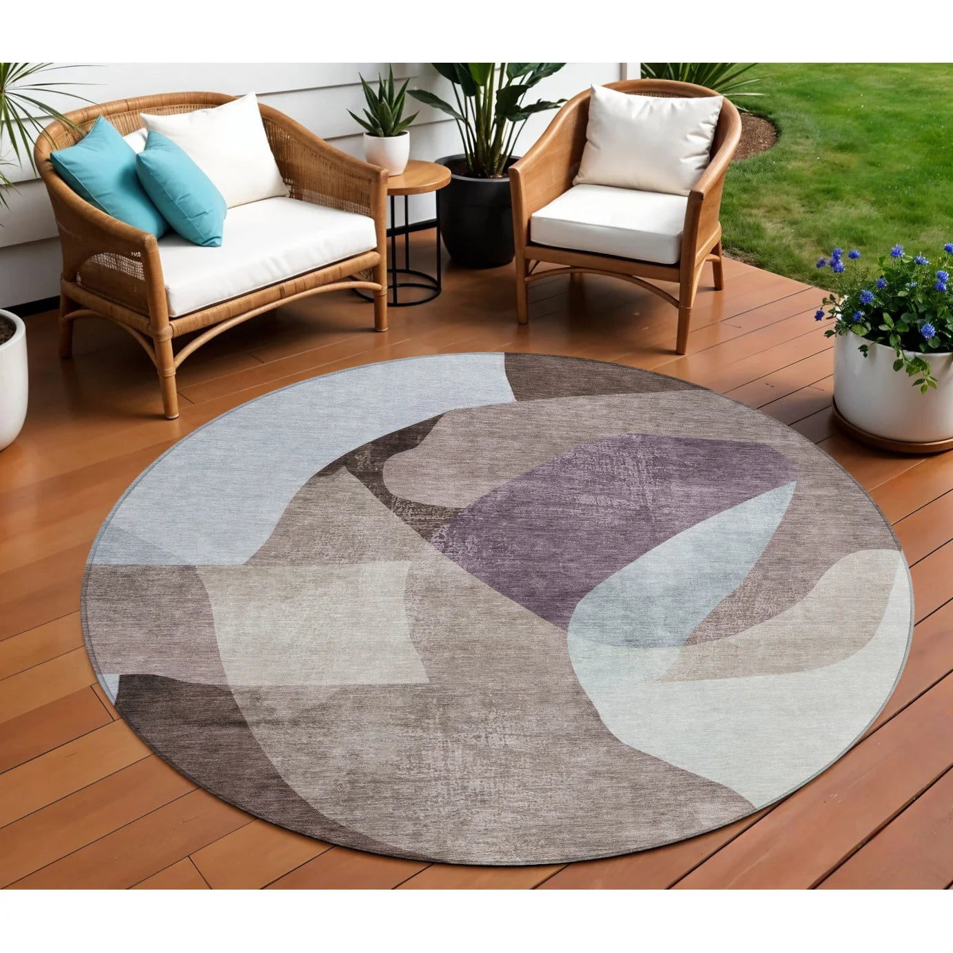 HMS 8' Brown and Taupe Round Abstract Indoor Outdoor Area Rug Washable Carpets for Indoors and Outdoors