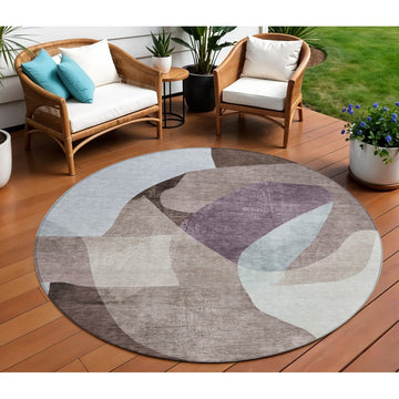 HMS 8' Brown and Taupe Round Abstract Indoor Outdoor Area Rug Washable Carpets for Indoors and Outdoors