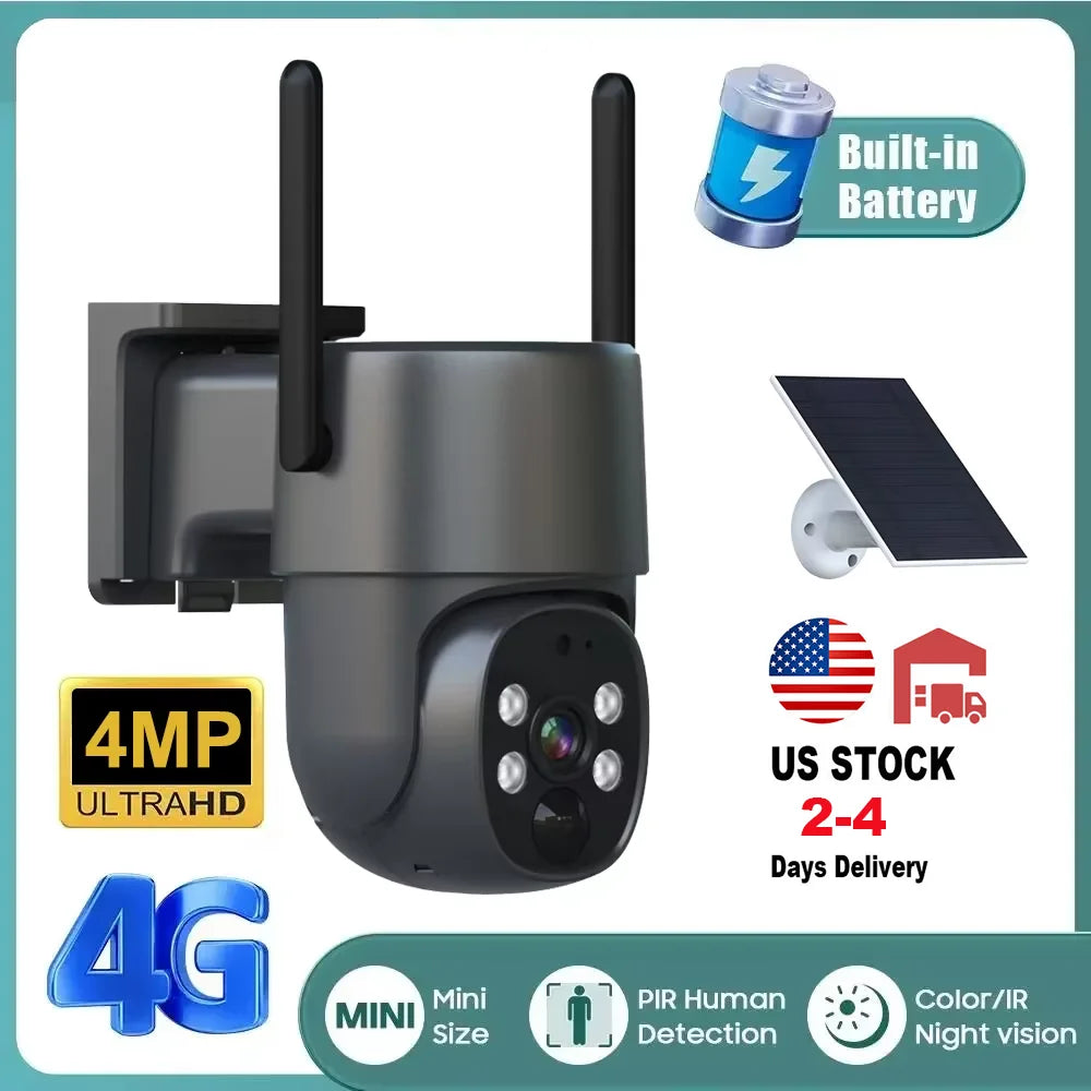 New Arrival Home Security System 4mp Solar Camera Single Lens 4g Sim Card Ptz Eseecloud App Remote Control Pan-tilt Cloud Ip