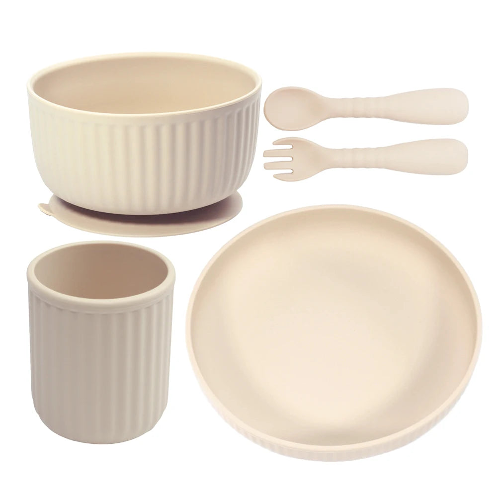 Unbreakable Microwave Safe Slip Resistant Flexible Silicone Baby Toddler Plate Suction Bowl Spoon and Fork Feeding Set