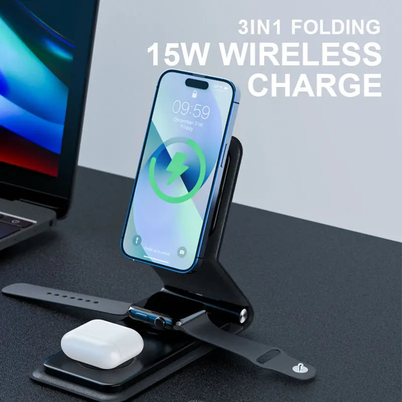 3 in 1 Foldable Wireless Charger for iphone 16 15 14 Fast Wireless Chargers for Watch 9 8 Chargers Earphone Phone Station Custom