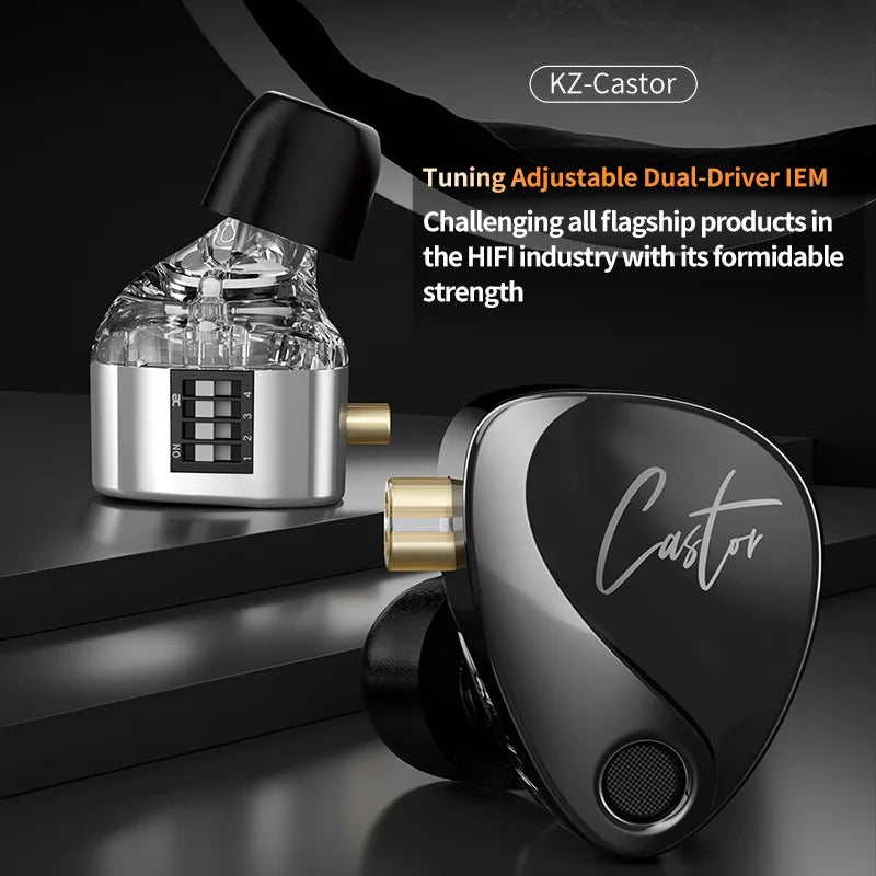 KZ Castor in Ear HiFi Earphone 2DD Dynamic High-End Tunable Balanced Armature Earphones Monitor Wired Earphones With Mic Earbuds