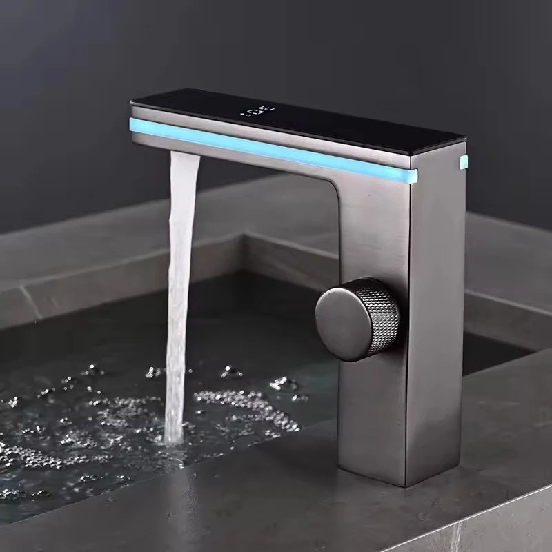 Contemporary Single-Hole LED Ambient Light Bathroom Basin Durable Single Handle Ceramic Valve Intelligent Temperature Display