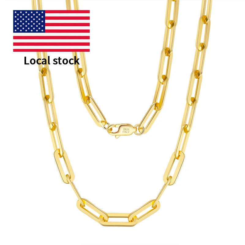 RINNTIN SC40 USA Local Stock Fine Jewelry 925 Sterling Silver 3mm Paperclip Link Chain Necklaces 14K Gold Plated for Women Men