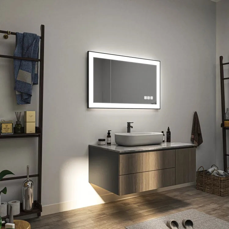 High-Quality Right Angle Black Frame Bathroom Mirror Featuring Front Back Illumination with Energy Efficient LED