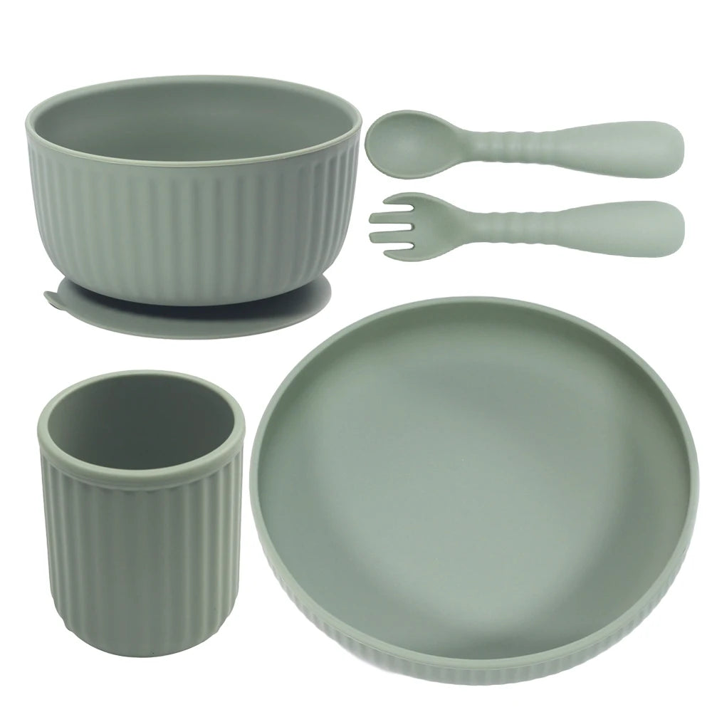 Unbreakable Microwave Safe Slip Resistant Flexible Silicone Baby Toddler Plate Suction Bowl Spoon and Fork Feeding Set