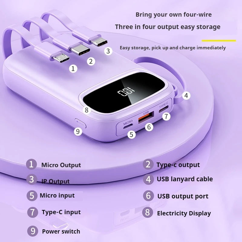 Customize Logo Power Bank 10000mAh Smart Phone Portable Slim Built in Cable Power Bank Outdoor Travel Power Banks