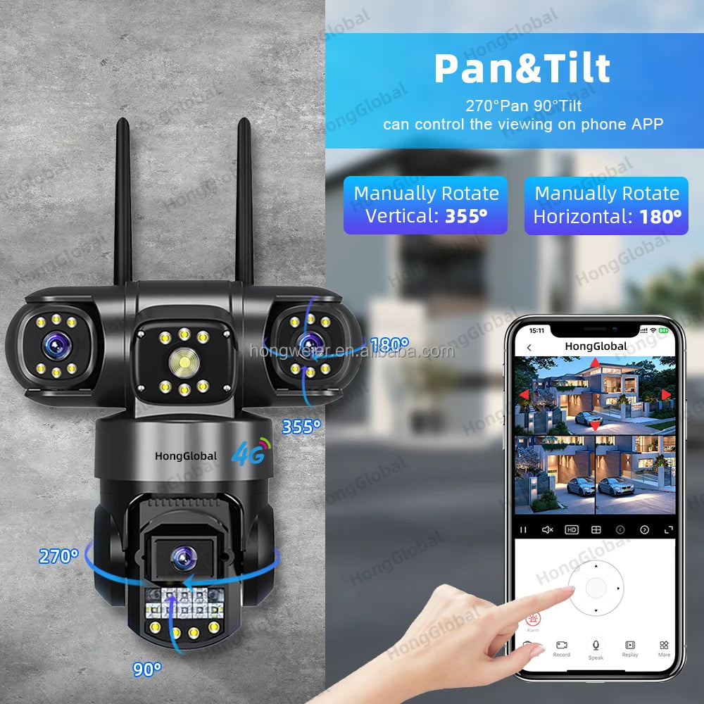 HongGlobal 6MP Wireless Surveil 4G LTE CCTV PTZ Smart Security Camera V380 Pro Three Lenses 4G Sim Card Outdoor Network Camera