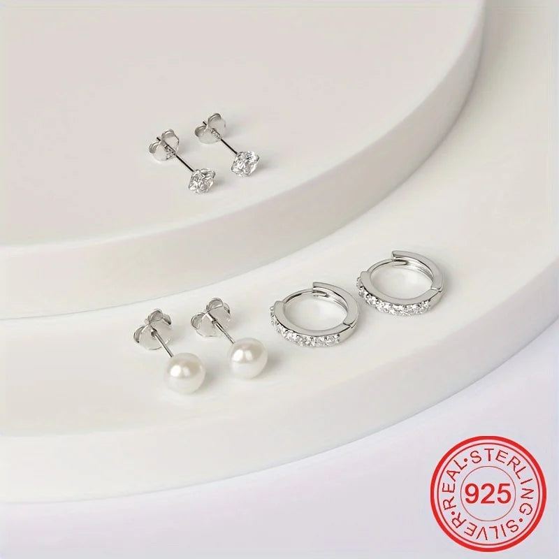 3Pairs Fine Jewelry Earings Set for Women 925 Sterling Silver CZ Freshwater Pearl Earrings Cartilage Studs Hoop Earring