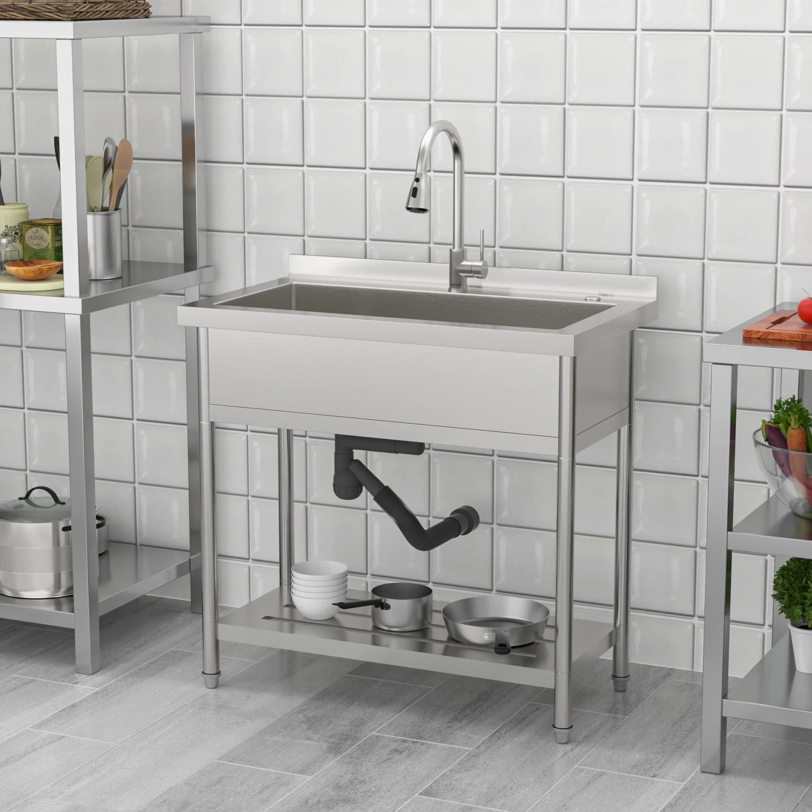 Commercial Stainless Steel Single Bowl Freestanding with Pull-Out Faucet for Laundry Indoor and Outdoor Sink Pet Cleaning