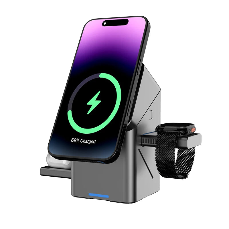 Factory  Desktop Portable QI2 Magnet Wireless Fast Charging Cube Stand 15W Magnetic Foldable 3 in 1 Wireless Charger