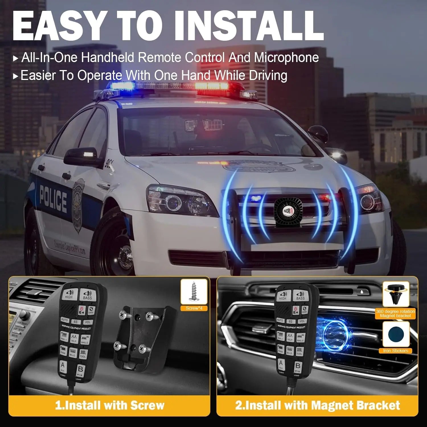 200W Emergency Polices Siren Speaker Kit Multi-Tones Extra Slim PA System for 12V Vehicles Car Alarms Handheld Microphone